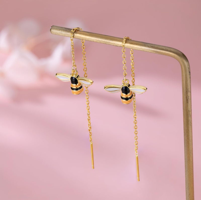 SLUYNZ 925 Sterling Silver Bumble Bee Dangle Earrings for Women Threader Earrings Chain (18K Gold Plated) - Image 4